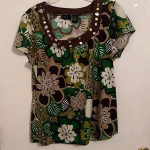 Ladies top, brown and green print, some of the beads are loose and some missing